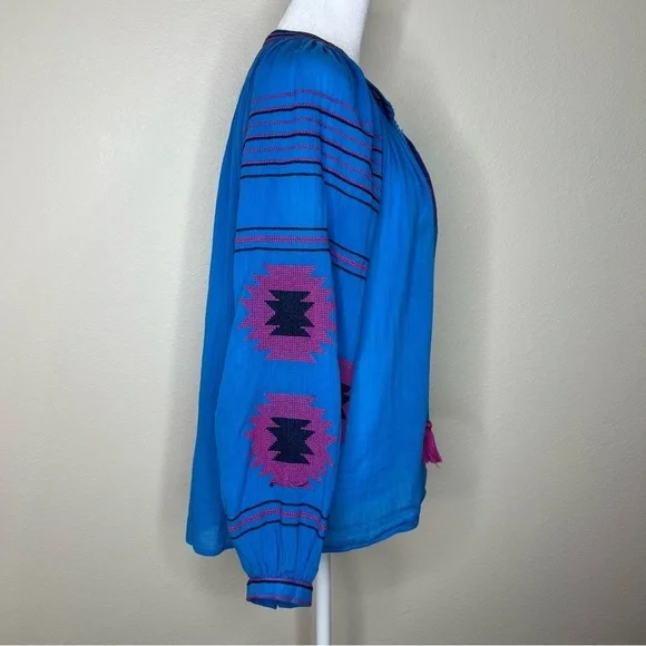 Anthro Maeve Blue & Pink Runaway Boho Southwestern Embroidered Peasant Top XS - Picture 12 of 16
